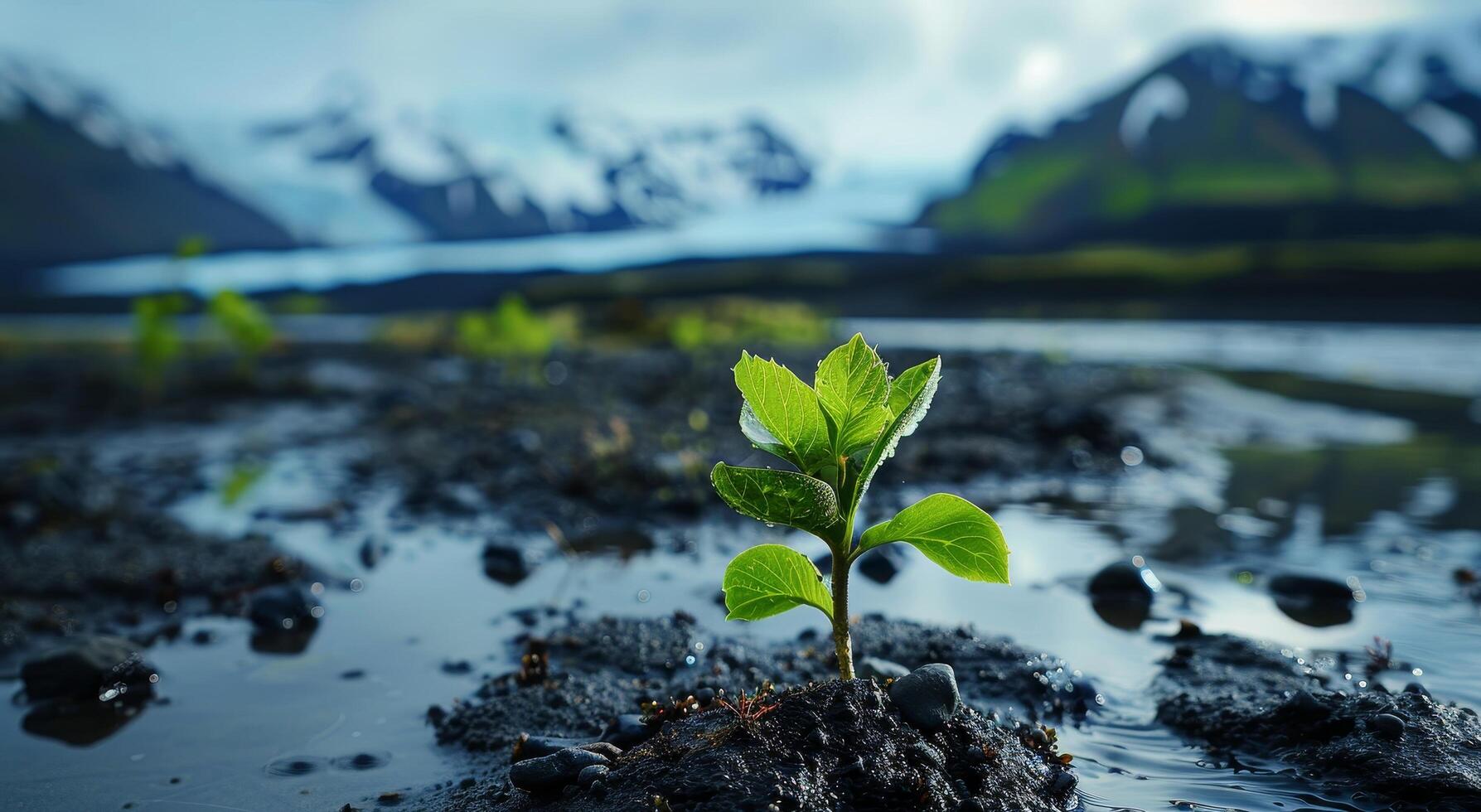 Young plant growing by a mountain lake photo