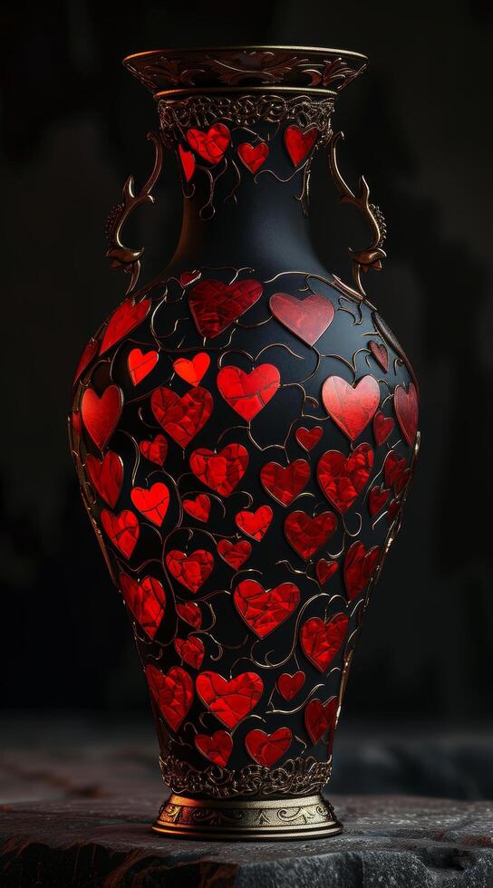 Elegant vase adorned with red heart patterns on a dark background photo