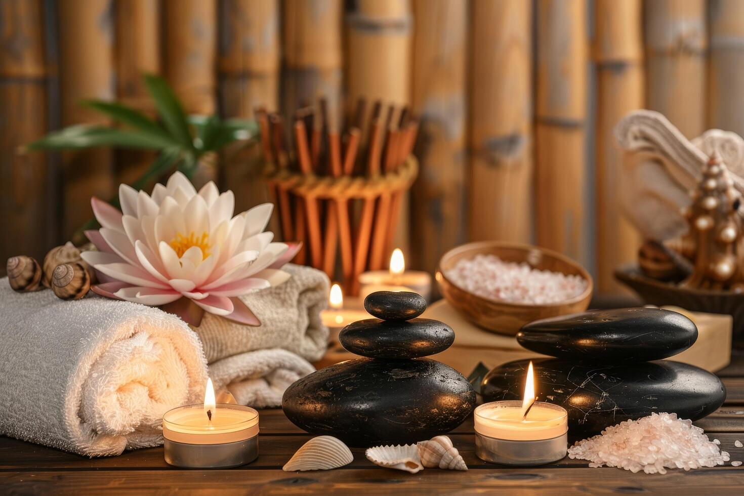 Tranquil spa setting with candles, stones, and lotus flower photo