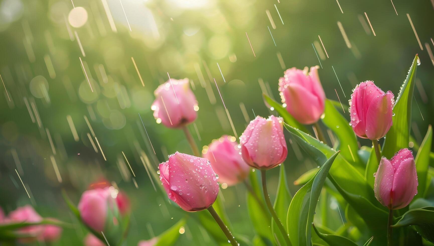 Raindrops on Tulips in Sunlit Garden photo