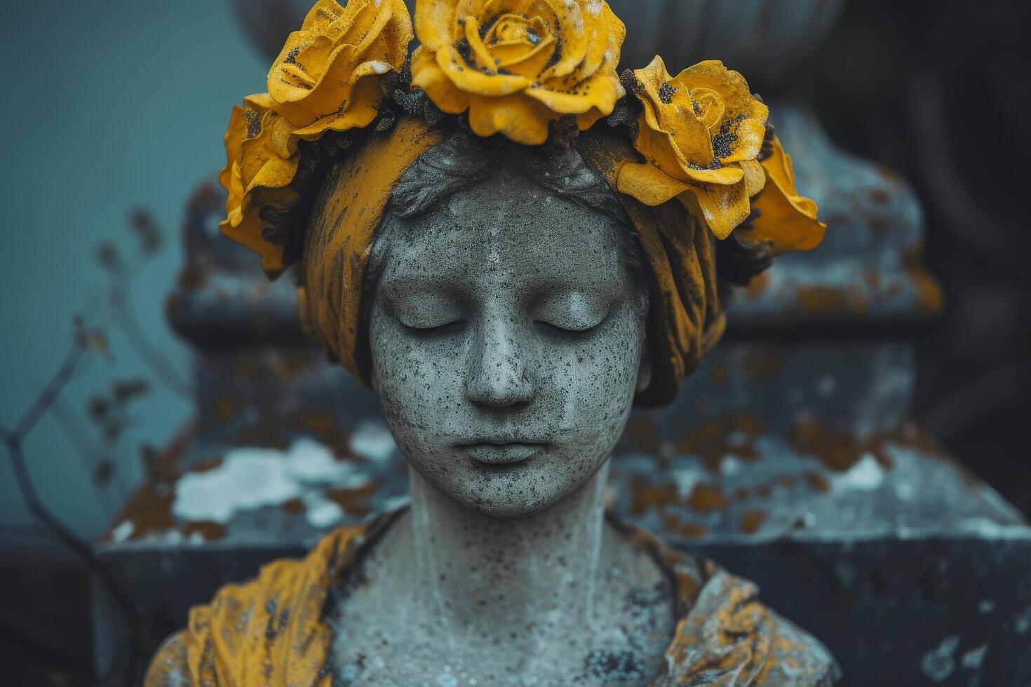 Statue with Yellow Floral Crown in Moody Setting photo