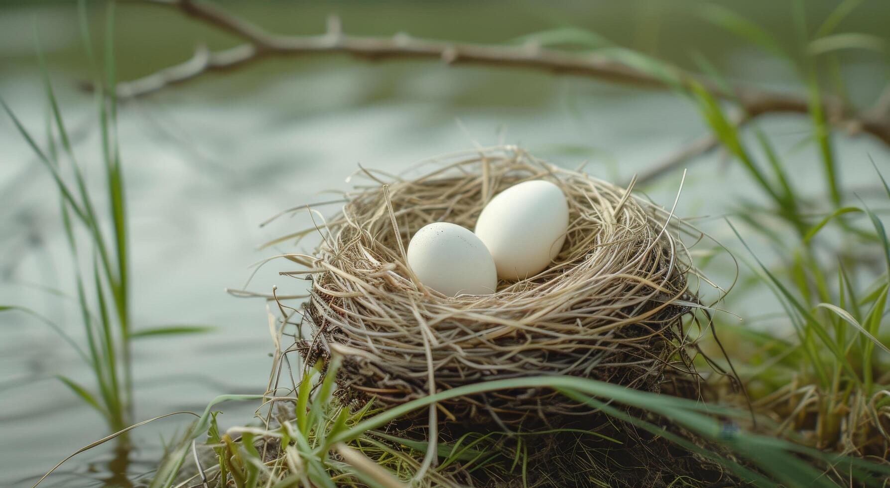 Bird eggs nestled in a natural nest by the lakeside photo