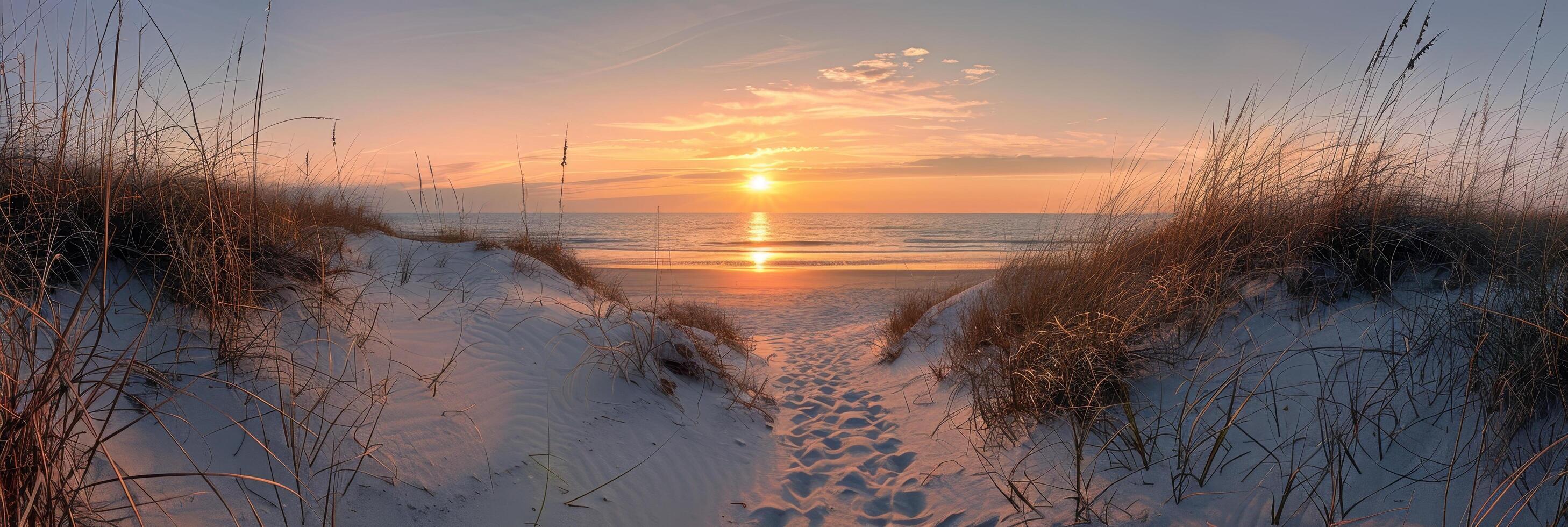 Serene sunset over a sandy beach with coastal grass photo