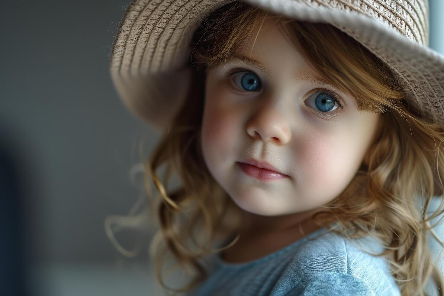 Portrait of a young girl with blue eyes wearing a straw hat photo