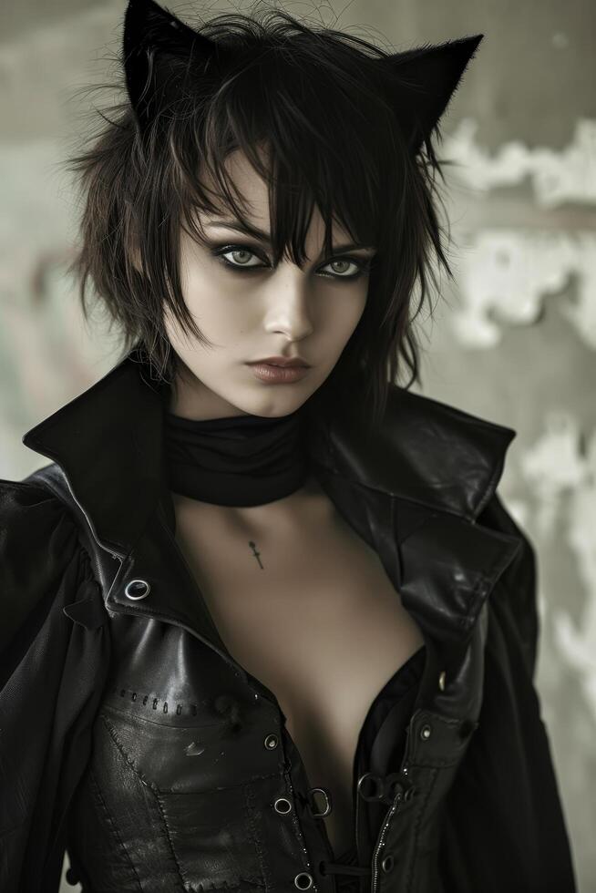 Mysterious woman in cat ears and dark makeup posing against a grunge background photo