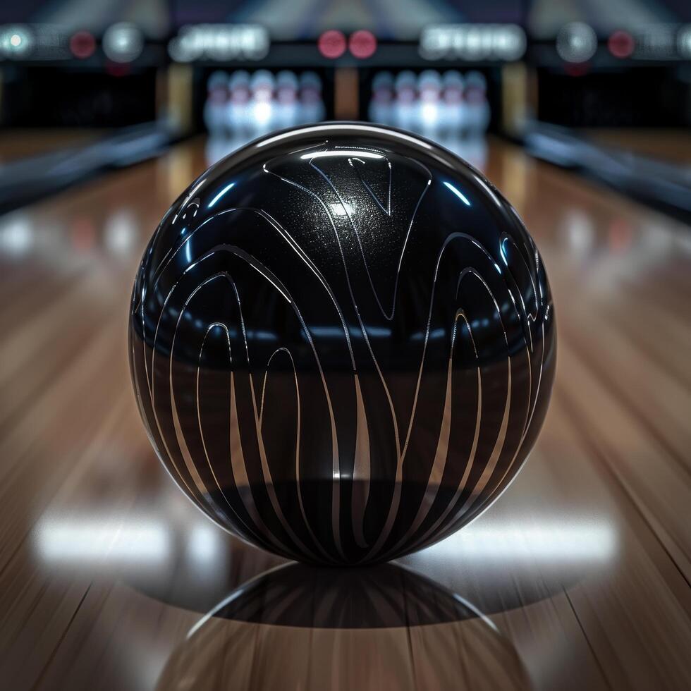 Close up of a bowling ball on a shiny lane with pins in the background photo