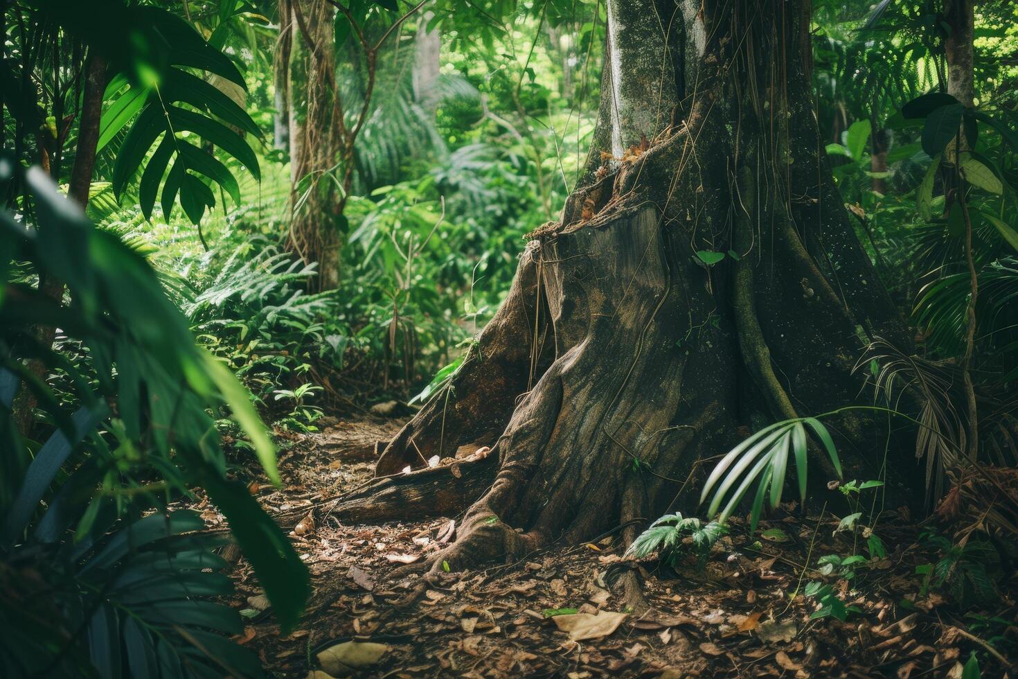 Majestic Tree Roots in a Lush Green Forest photo