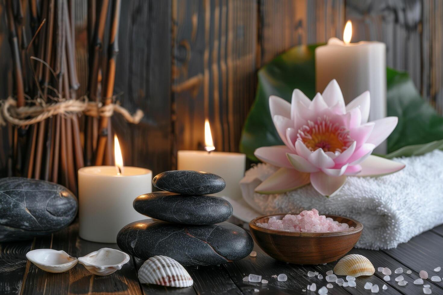 Serene spa setting with candles, stones, and a lotus flower photo