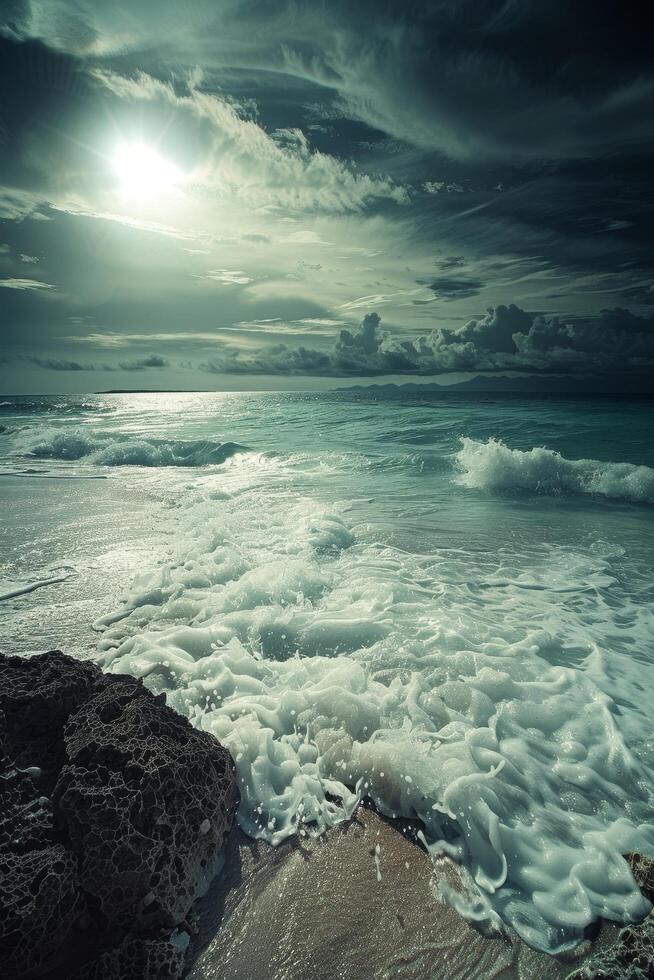 Serene Beach at Sunset with Waves Crashing on Shore photo