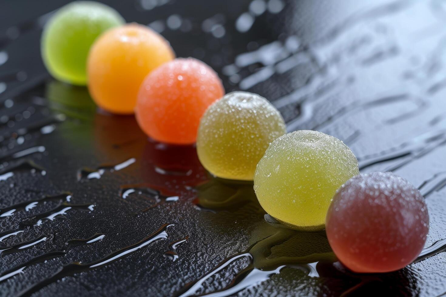 Colorful candies with dew drops on a dark reflective surface photo