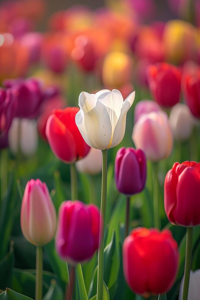 Single white tulip standing out in a colorful tulip field photo