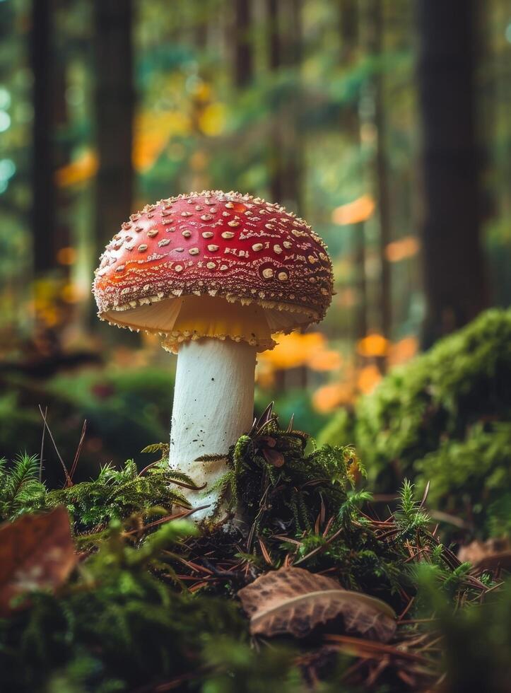 Vibrant Red Mushroom in a Mystical Forest photo