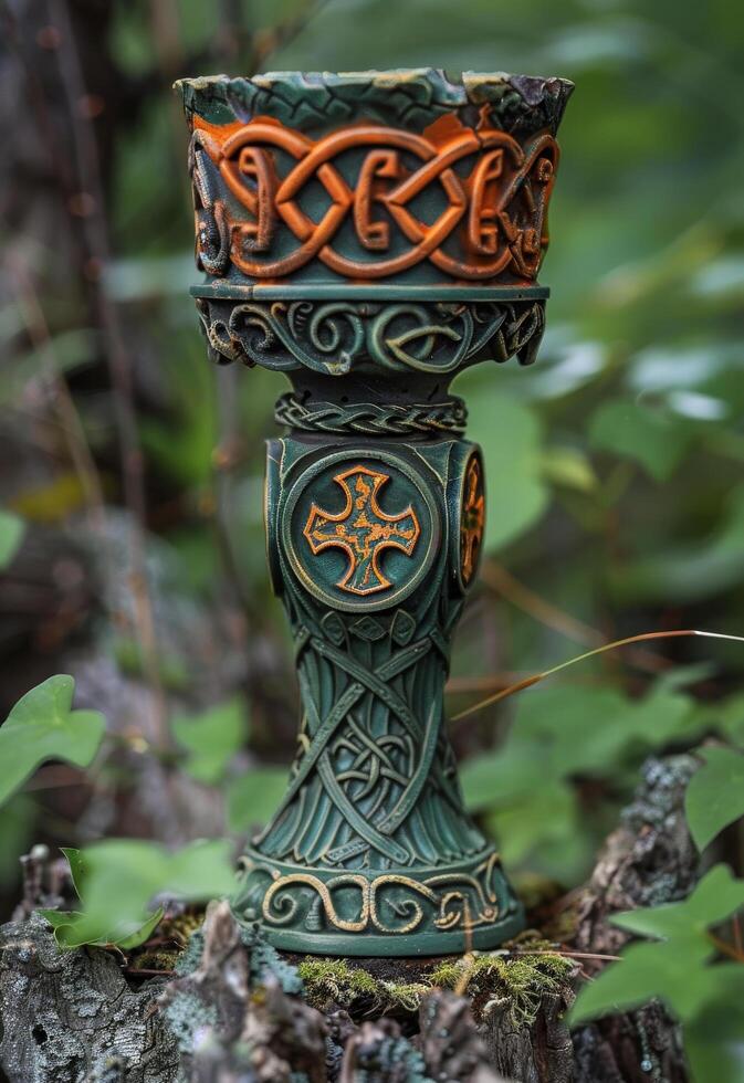Ornate Celtic Chalice in a Natural Forest Setting photo
