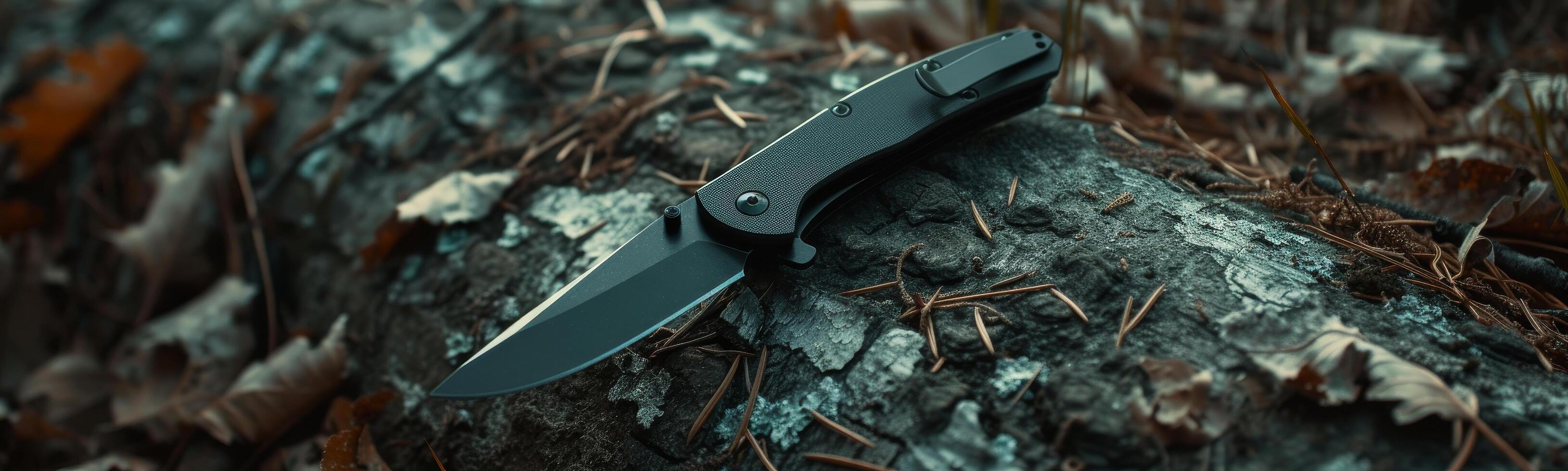 Tactical folding knife on a mossy rock in a forest photo