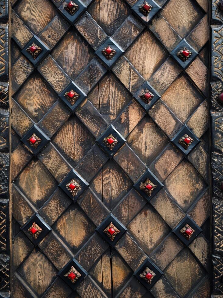 Ornate medieval wooden door with metal accents photo