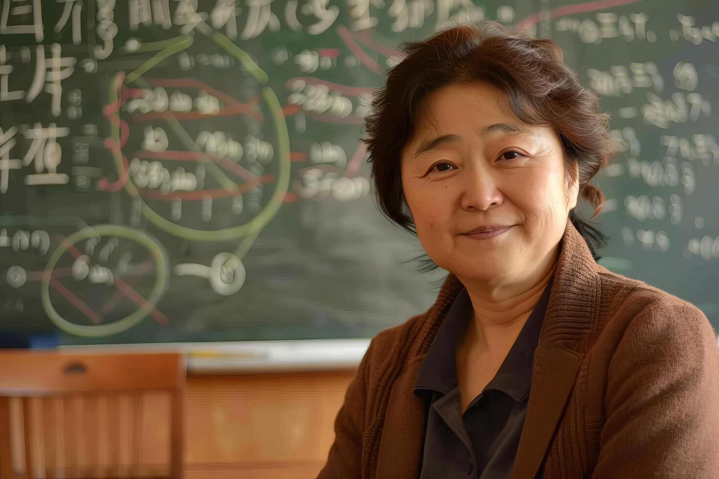 Experienced teacher smiling in front of a chalkboard with mathematical equations photo