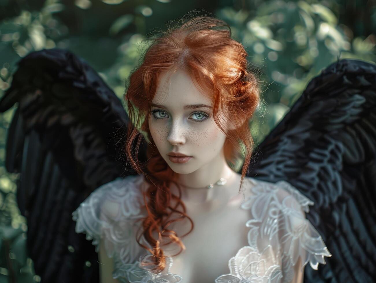 Mystical woman with angel wings in a magical forest photo