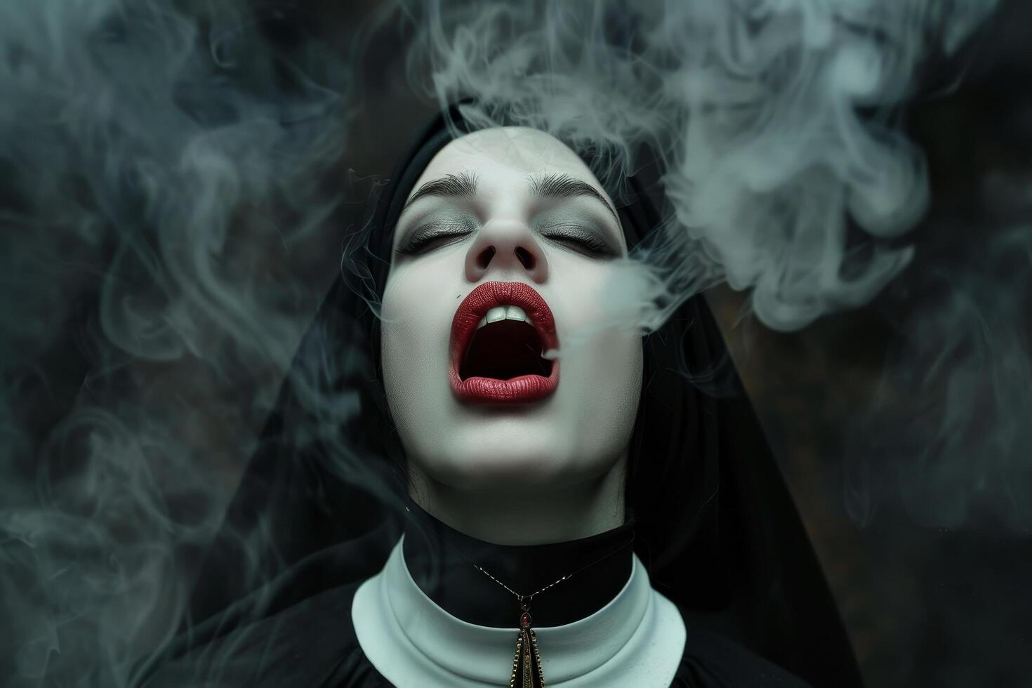Mysterious nun exhaling smoke in a dark atmosphere photo
