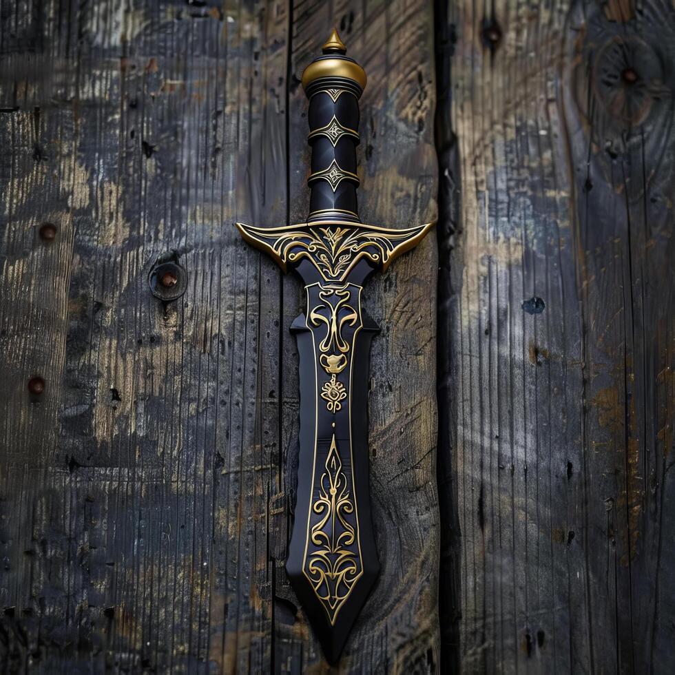 Ornate dagger on a rustic wooden background photo