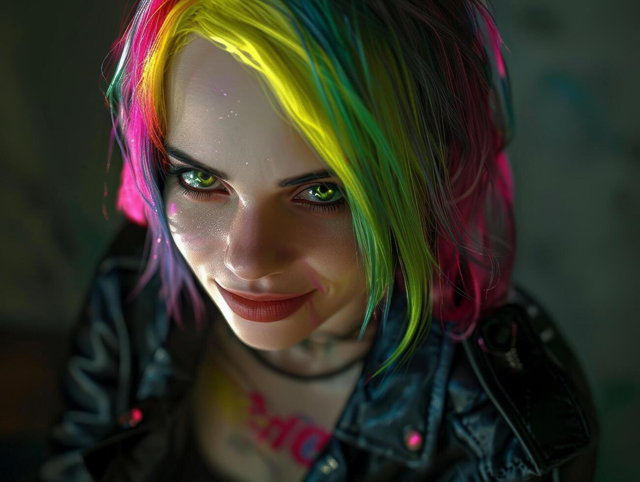 Vibrant Portrait of a Young Woman with Colorful Hair and Sparkling Makeup photo