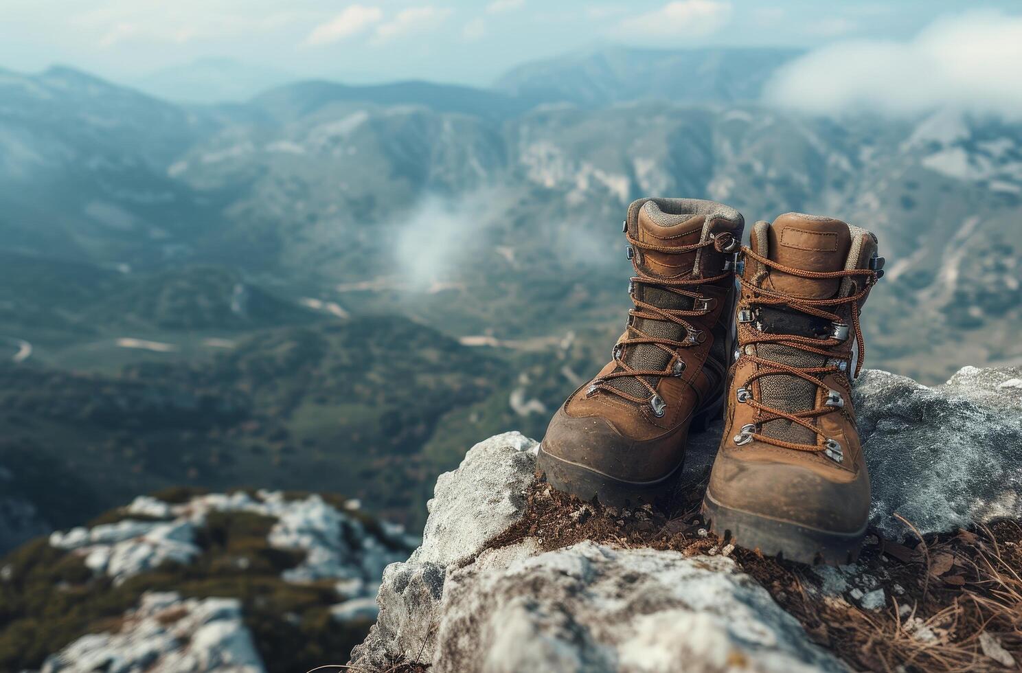 Hiking boots on a mountain peak overlooking a scenic valley photo