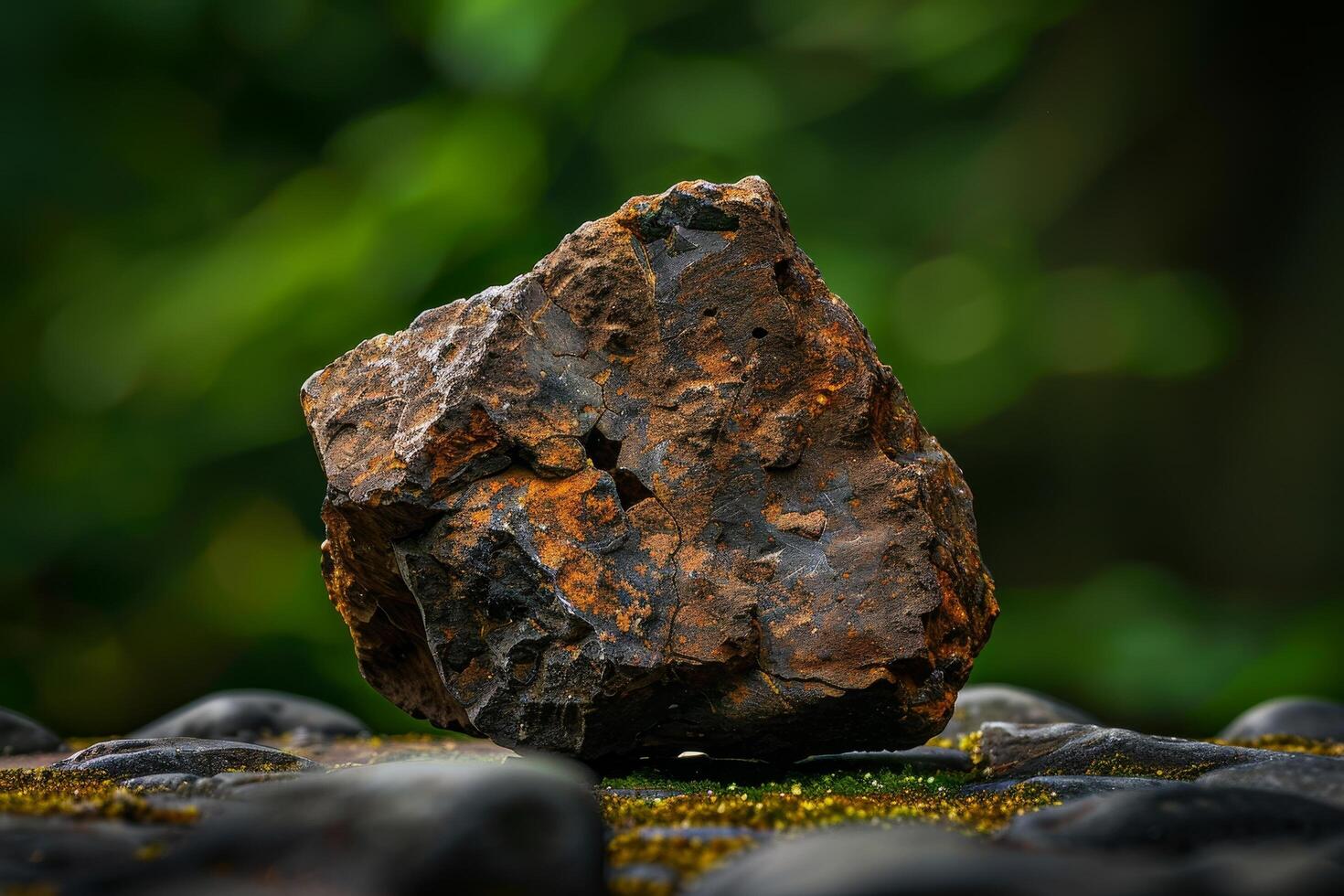 Rustic weathered rock on a mossy surface photo