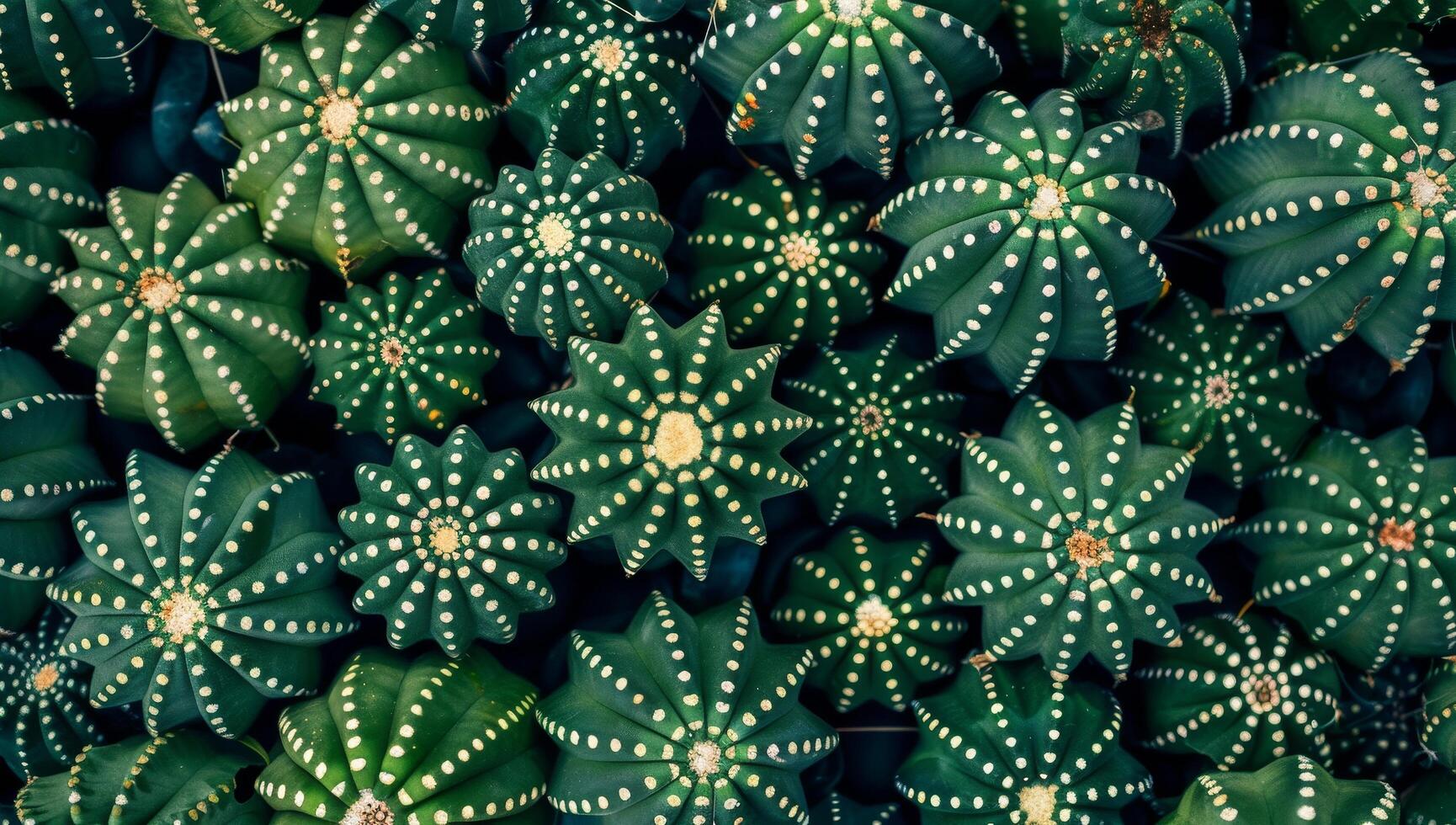 Top view of a group of vibrant green cacti with white patterns photo