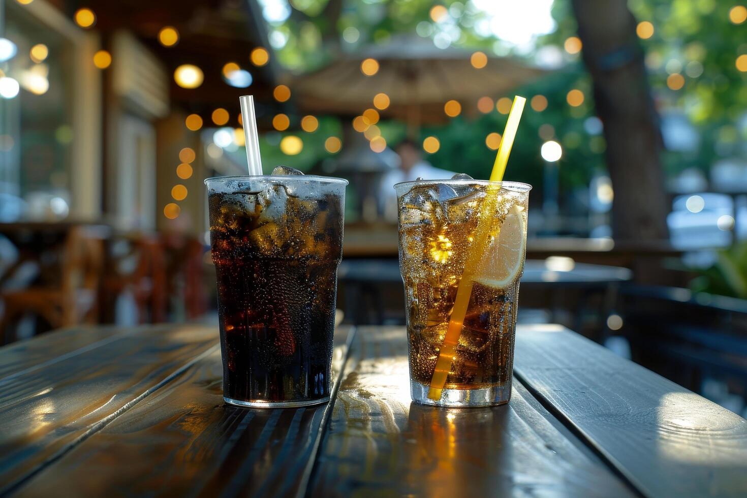 Refreshing soft drinks on a wooden table at an outdoor cafe photo
