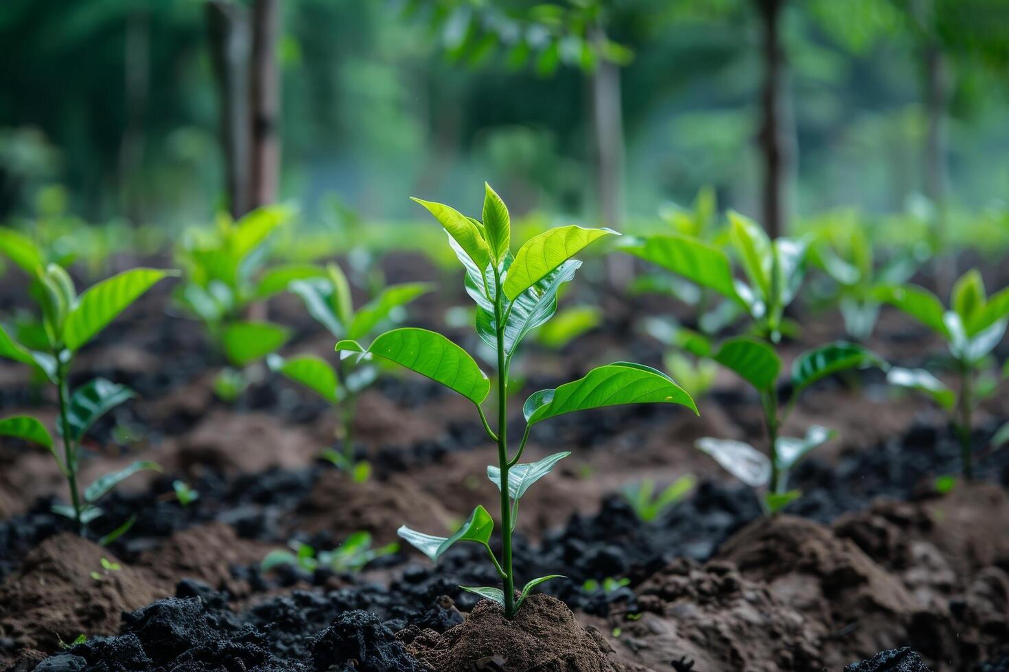 Young plants growing in fertile soil with a blurred forest background photo