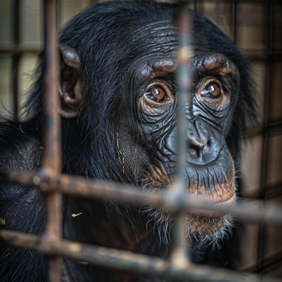 Close up of a chimpanzee behind bars with a thoughtful expression photo