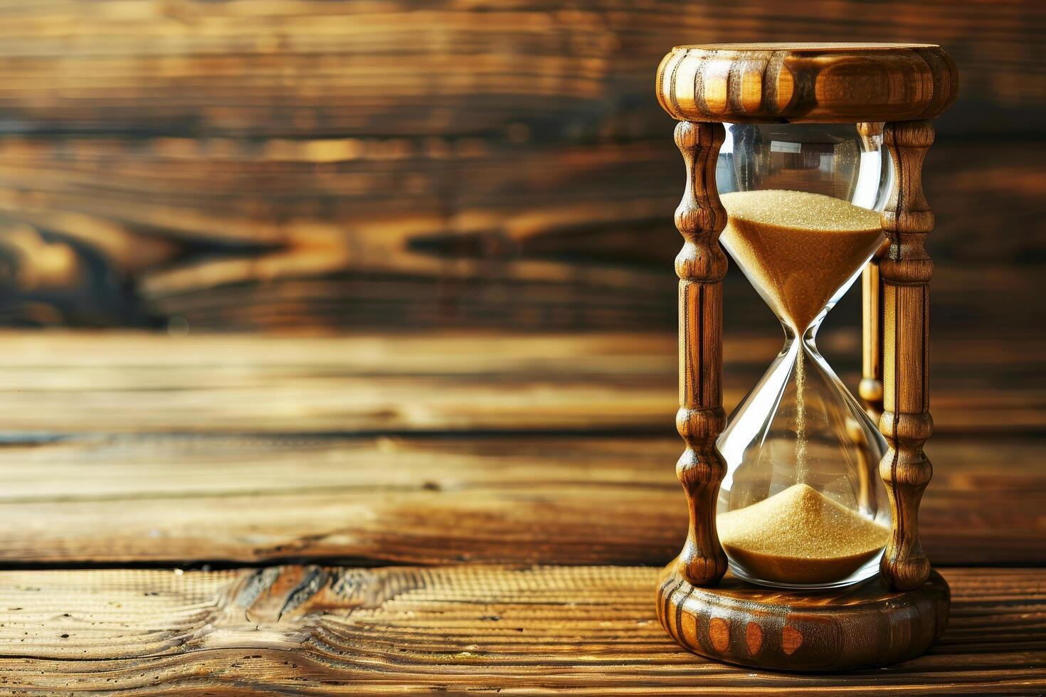 Hourglass on Wooden Background Symbolizing Passing Time photo