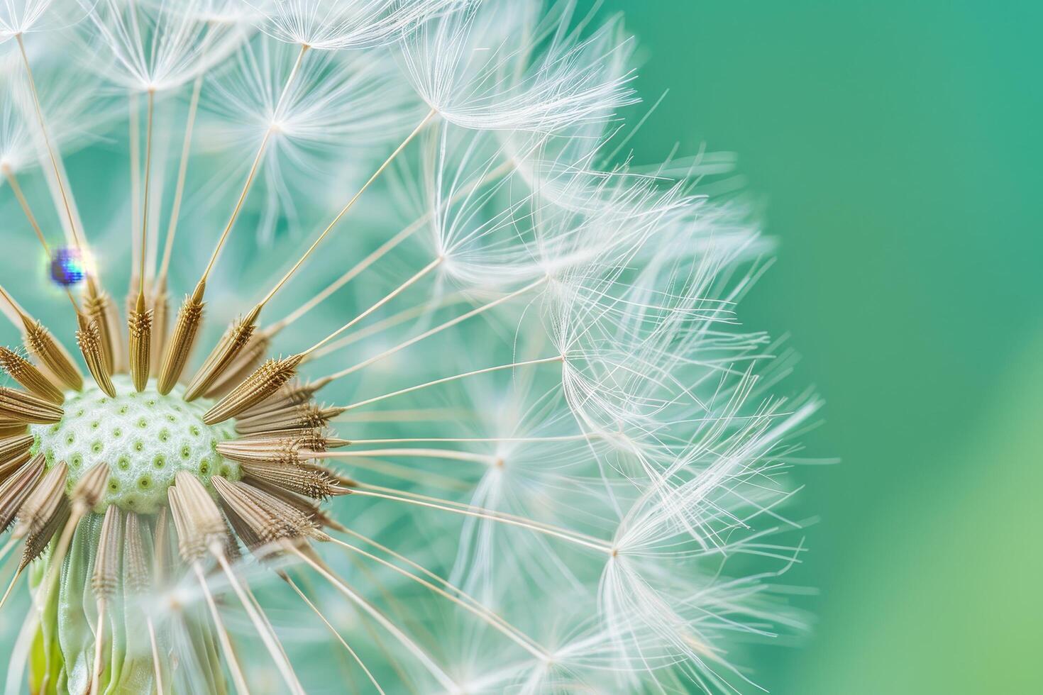 Close up of a Dandelion Seed Head Against a Soft Green Background photo
