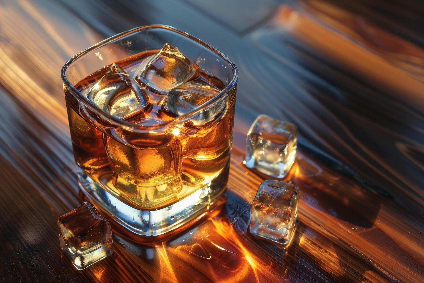 Glass of whiskey with ice on a wooden table at sunset photo