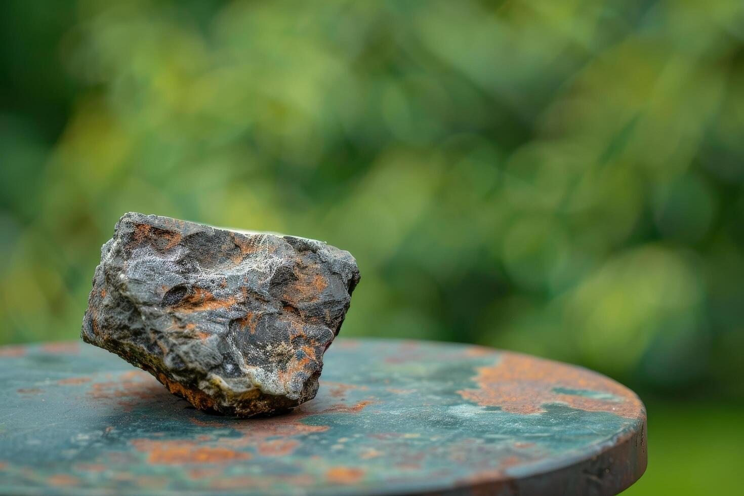 Close up of a unique rock on a rusty surface with a blurred green background photo