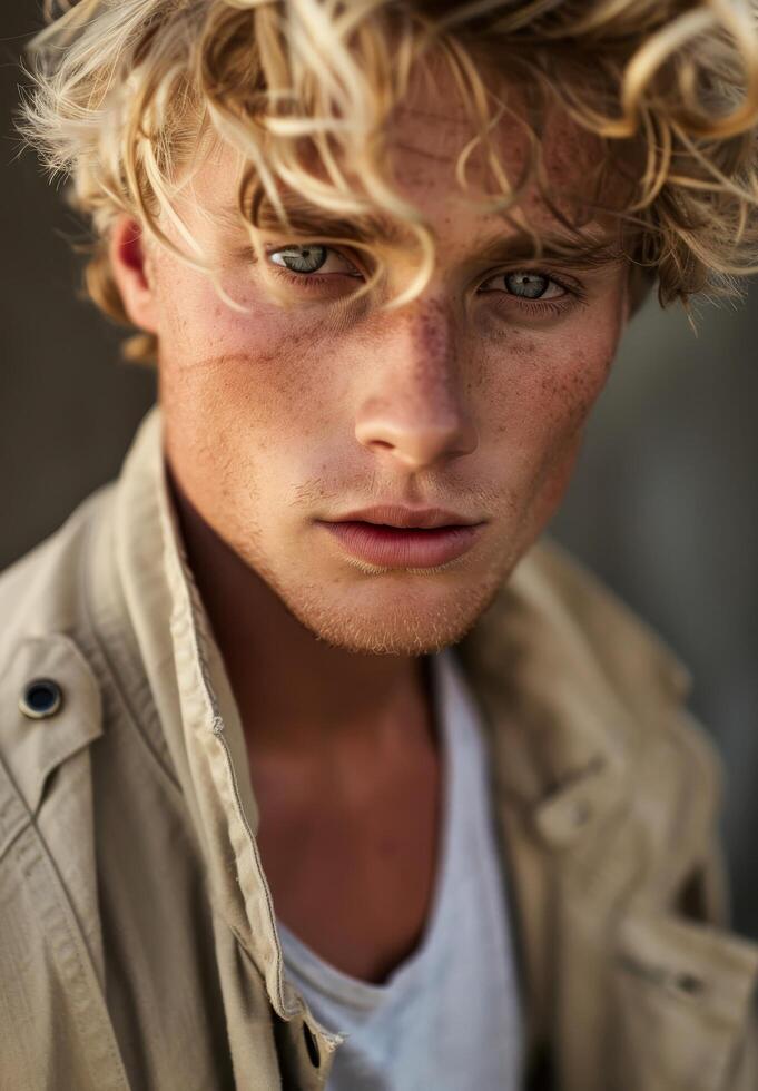 Portrait of a young man with intense gaze photo