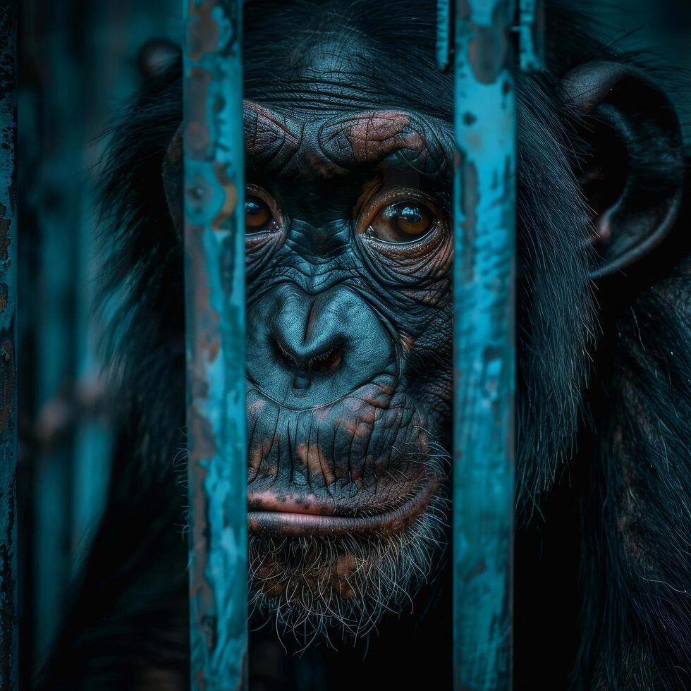 Chimpanzee behind bars with a thoughtful expression photo