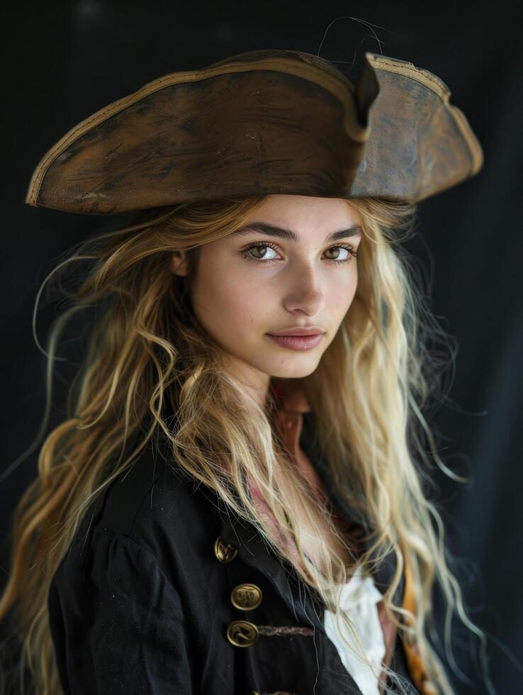Young woman in pirate costume posing with confidence photo