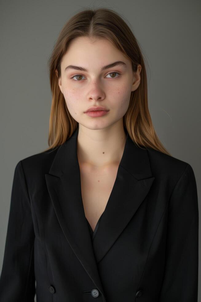 Portrait of a young woman in a black blazer with a neutral expression photo