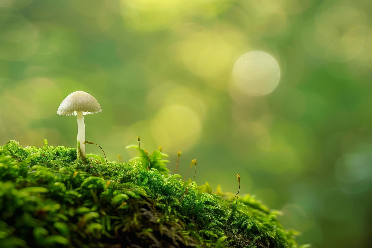 Solitary mushroom on a mossy forest floor with sunlit bokeh background photo