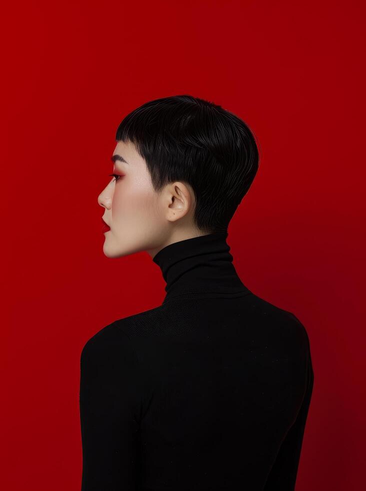 Elegant woman with a modern hairstyle against a red background photo