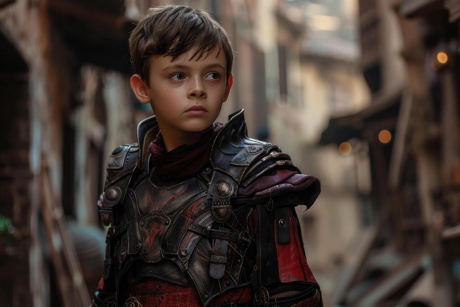 Young boy in futuristic armor looking determined in an urban dystopian setting photo