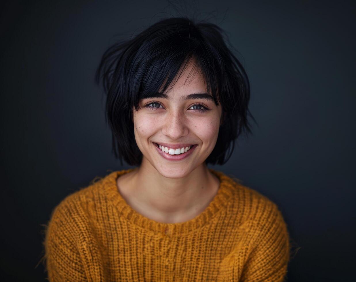 Portrait of a Smiling Young Woman in a Yellow Sweater photo