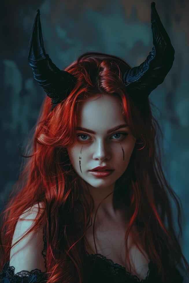 Mysterious woman with horns in a dark fantasy setting photo