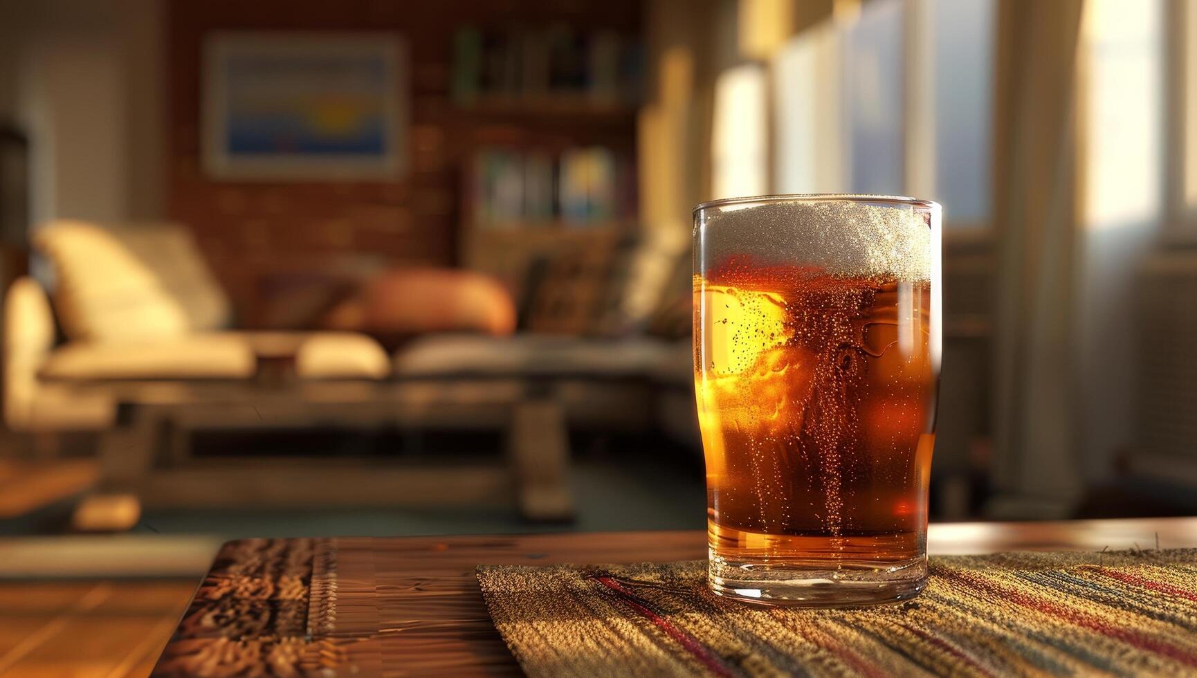 Refreshing glass of beer on a table during golden hour photo