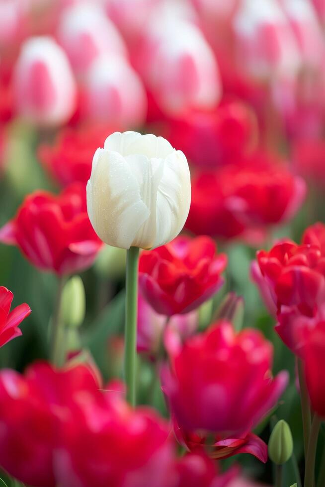 Unique white tulip standing out in a field of red tulips photo