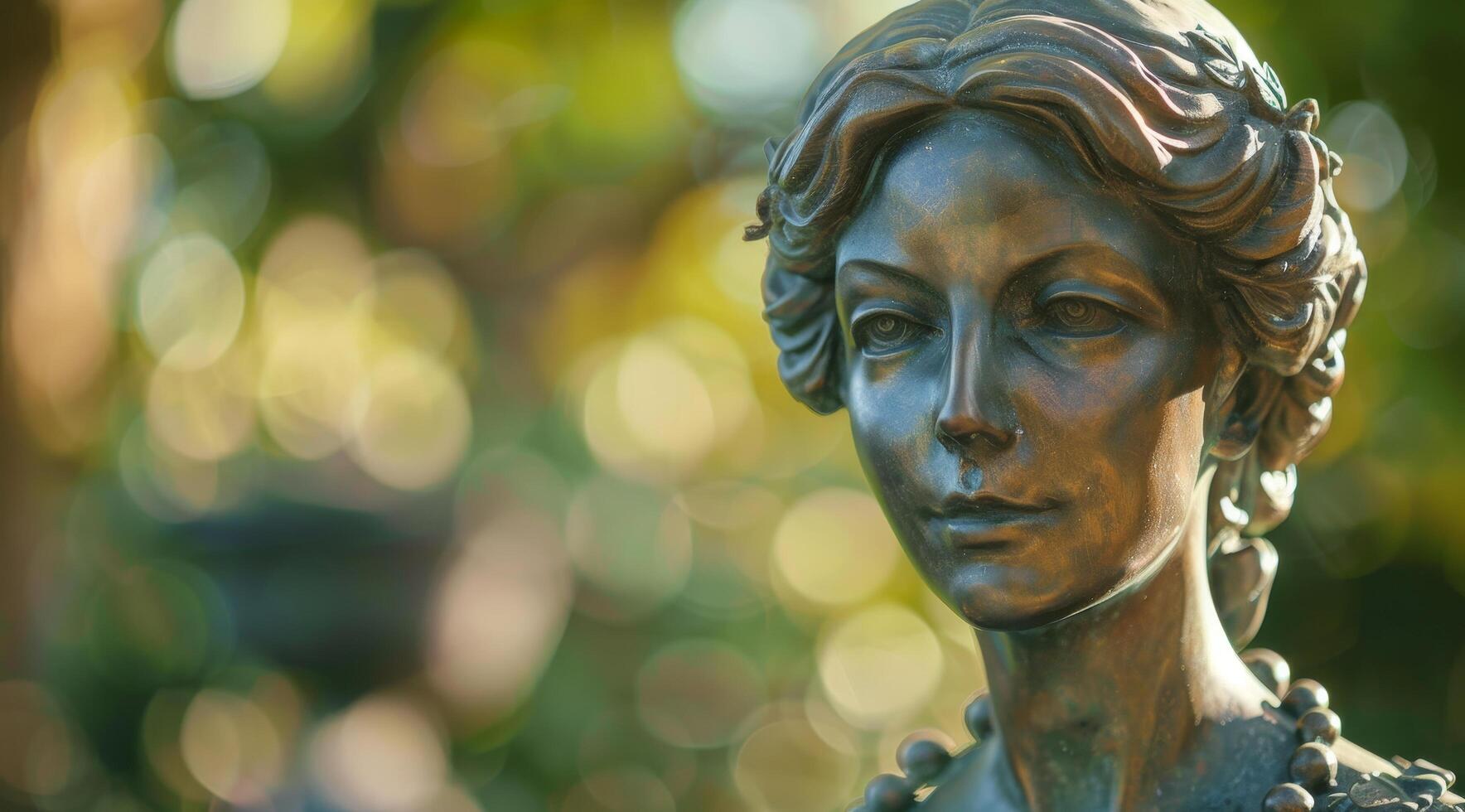 Bronze statue of a woman in a serene garden setting photo