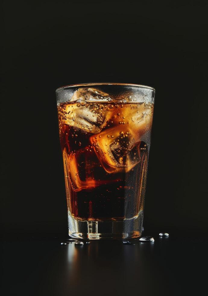 Refreshing glass of cola with ice on a dark background photo