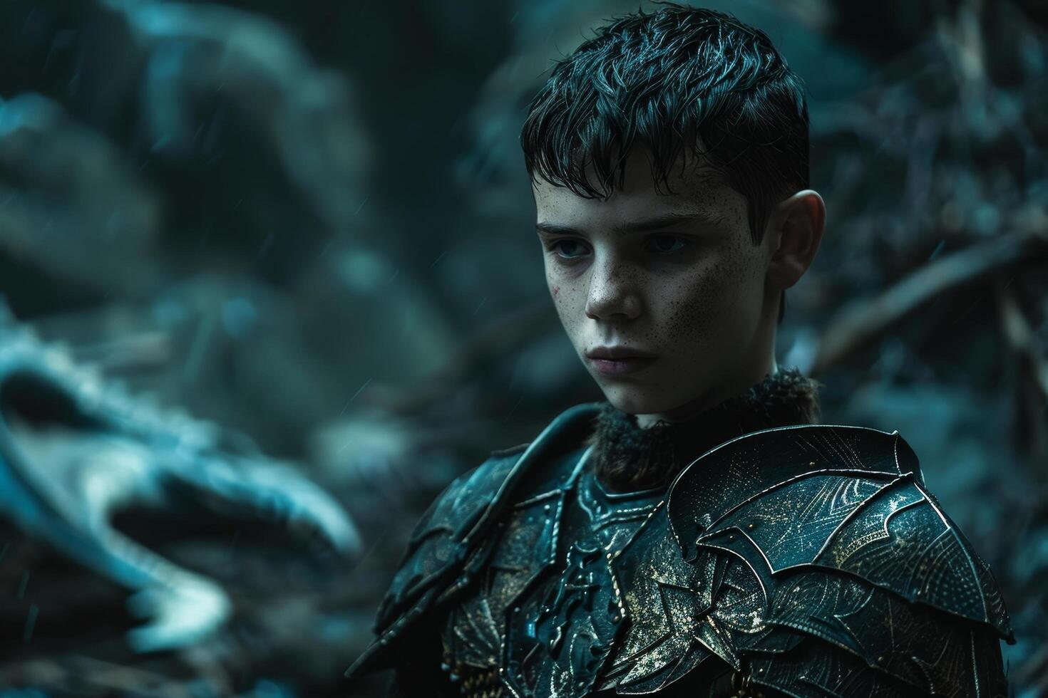 Young warrior in dark armor standing in a mystical forest photo