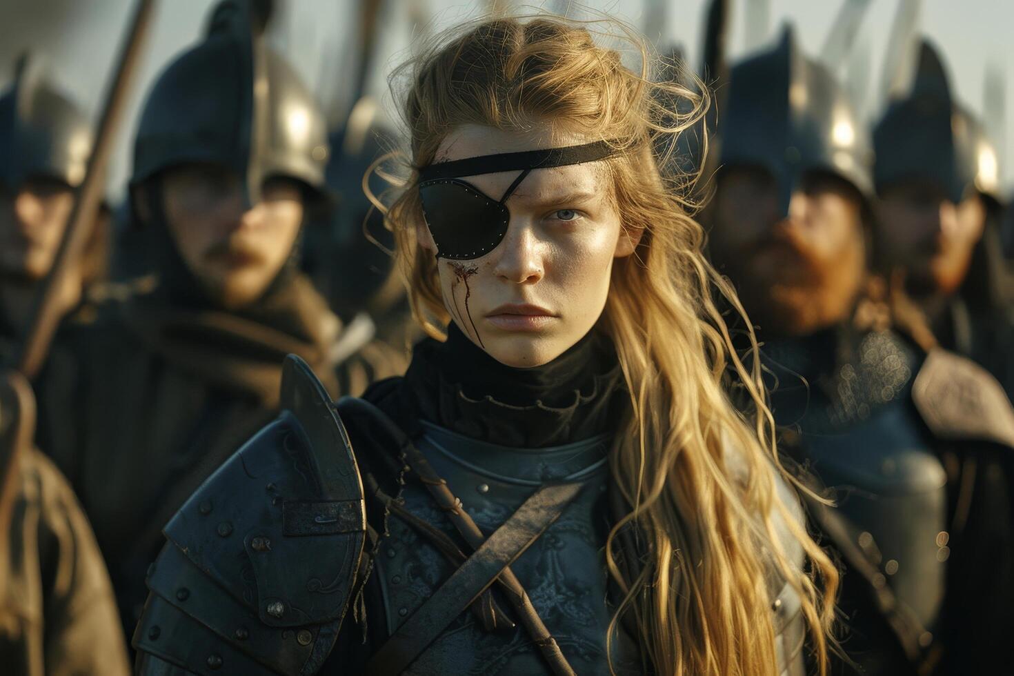Determined female warrior with an eye patch leading a group of medieval soldiers photo