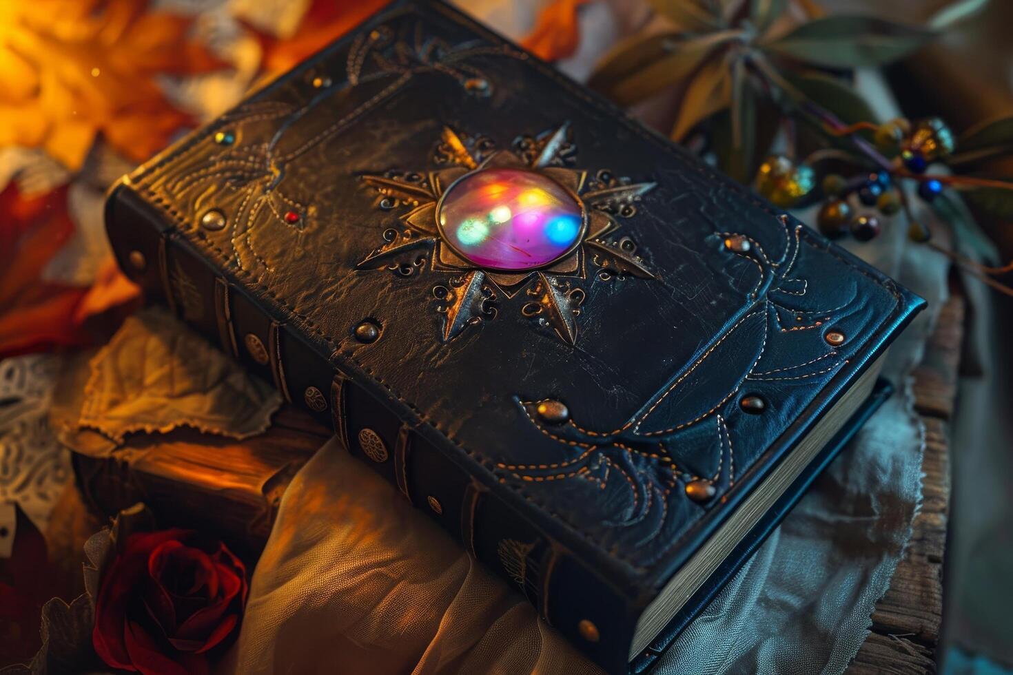 Mystical ancient book with glowing gemstone on cover surrounded by autumn leaves photo